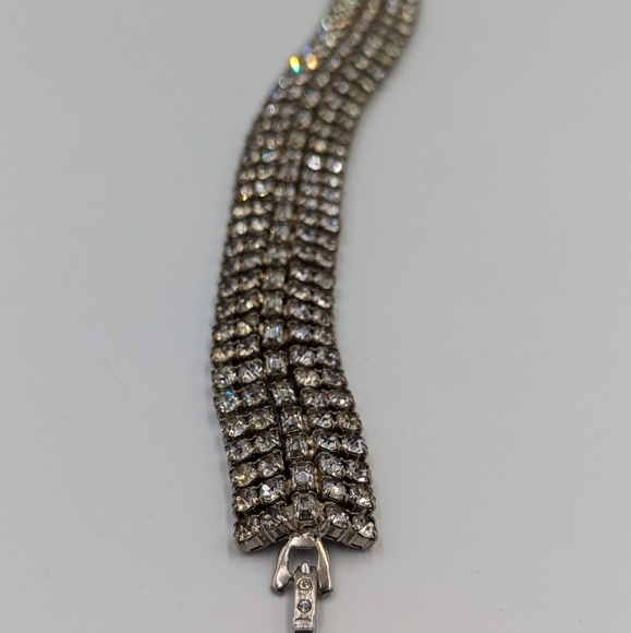 Sparkling Vintage Five Rows Clear Rhinestones Silver Tone Tennis Bracelet - Picture 6 of 15